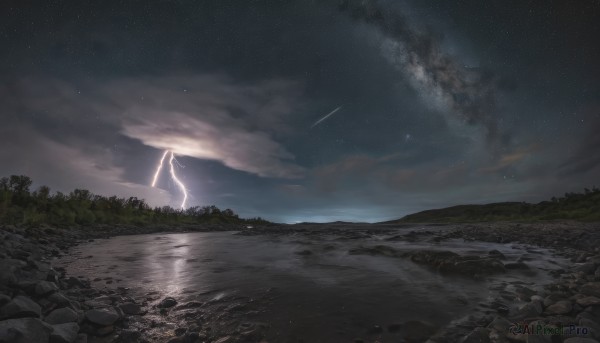 outdoors,sky,cloud,water,tree,no humans,night,ocean,beach,cloudy sky,star (sky),nature,night sky,scenery,forest,starry sky,reflection,rock,horizon,shore,shooting star,grass,mountain,fantasy,river,lightning,landscape