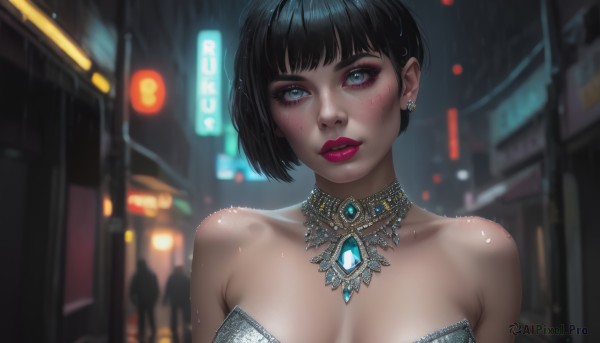 1girl,solo,breasts,looking at viewer,blush,short hair,bangs,blue eyes,black hair,dress,cleavage,bare shoulders,jewelry,medium breasts,closed mouth,collarbone,upper body,earrings,outdoors,parted lips,solo focus,artist name,necklace,mole,blurry,lips,wet,eyelashes,strapless,makeup,night,blurry background,watermark,bob cut,lipstick,building,gem,strapless dress,web address,eyeshadow,freckles,rain,city,realistic,nose,red lips,wet hair,mascara,teeth,blunt bangs,eyeliner,cyberpunk,neon lights