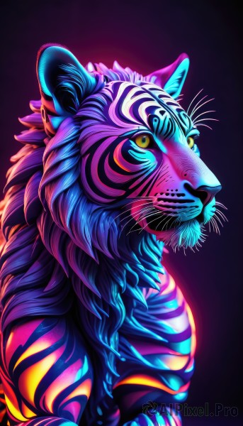 solo,looking at viewer,simple background,animal ears,closed mouth,yellow eyes,upper body,artist name,from side,gradient,gradient background,no humans,animal,black background,furry,colored sclera,purple background,animal focus,yellow sclera,whiskers,tiger,glowing,watermark,cat,web address,colorful