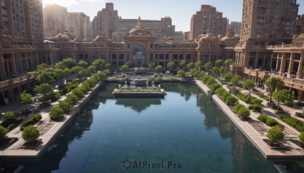 outdoors,sky,day,cloud,water,tree,blue sky,no humans,window,sunlight,building,scenery,reflection,city,cityscape,ruins,bridge,lamppost,river,skyscraper,boat,overgrown,real world location,post-apocalypse,ground vehicle,watercraft,tower