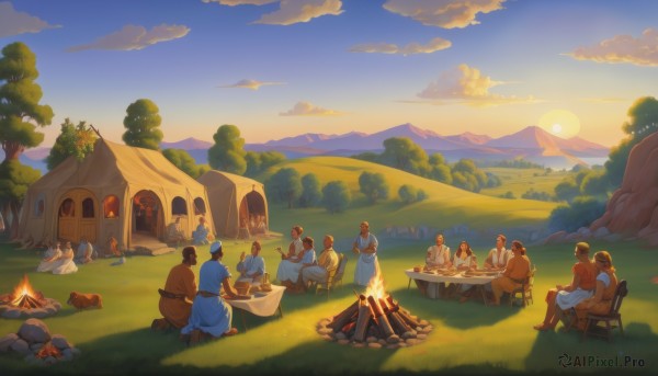 multiple girls,blonde hair,brown hair,hat,sitting,weapon,boots,outdoors,food,multiple boys,sky,day,sword,cloud,cape,tree,cup,fruit,chair,table,grass,fire,instrument,nature,scenery,forest,6+boys,sunset,robe,rock,mountain,sun,basket,house,cooking,meat,tunic,tent,campfire,6+girls,building,beard,bald,hill,log