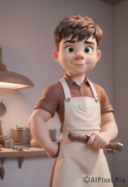 solo,looking at viewer,smile,short hair,brown hair,shirt,1boy,holding,brown eyes,standing,short sleeves,male focus,collared shirt,indoors,apron,thick eyebrows,child,lamp,brown shirt,male child,ladle,kitchen,table,knife,cooking,frying pan