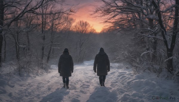 1girl,black hair,long sleeves,1boy,standing,jacket,male focus,outdoors,multiple boys,sky,pants,hood,2boys,water,from behind,tree,coat,nature,scenery,snow,forest,walking,sunset,black coat,winter clothes,facing away,winter,bare tree,footprints,boots,cloud,black footwear,black pants,sunlight,sun,horizon,wide shot,hooded coat,ambiguous gender