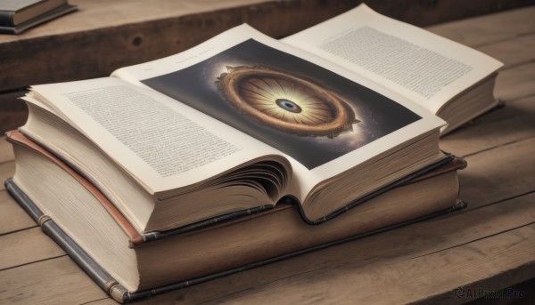 book,no humans,wooden floor,paper,open book,pen,pencil,still life,solo,indoors,third eye,close-up,colored sclera,eyeball,extra eyes,eye focus,wooden table