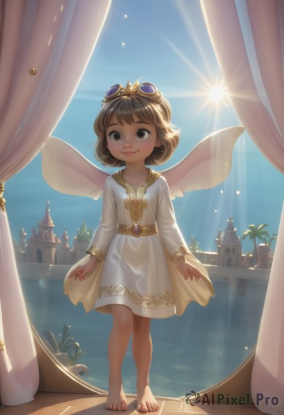 1girl,solo,looking at viewer,smile,short hair,bangs,brown hair,long sleeves,dress,brown eyes,jewelry,closed mouth,standing,full body,wings,sky,barefoot,water,white dress,feet,tree,blue sky,window,toes,ocean,curtains,goggles,child,backlighting,goggles on head,palm tree,sun,fairy wings,female child,fairy,day,belt,artist name,lips,see-through,bare legs,watermark,sunlight,plant,freckles,potted plant,see-through silhouette