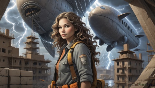 1girl,solo,long hair,looking at viewer,brown hair,shirt,brown eyes,upper body,outdoors,necktie,sky,collared shirt,belt,cloud,signature,bag,lips,military,wavy hair,backpack,cloudy sky,building,grey shirt,sleeves rolled up,science fiction,curly hair,pocket,city,realistic,aircraft,nose,electricity,airplane,breast pocket,watercraft,ship,lightning,spacecraft,airship,breasts,blonde hair,jacket,water,scenery,rain,jumpsuit