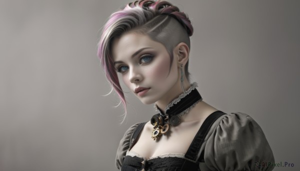 1girl,solo,breasts,looking at viewer,short hair,blue eyes,simple background,dress,cleavage,jewelry,medium breasts,collarbone,upper body,pink hair,grey hair,multicolored hair,earrings,parted lips,choker,puffy sleeves,grey background,hair bun,two-tone hair,lips,makeup,single hair bun,lipstick,portrait,eyeshadow,asymmetrical hair,realistic,undercut