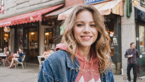 1girl,long hair,looking at viewer,smile,open mouth,multiple girls,blonde hair,brown hair,shirt,brown eyes,sitting,standing,jacket,upper body,outdoors,multiple boys,open clothes,teeth,solo focus,day,pants,hood,grin,blurry,lips,hoodie,depth of field,blurry background,chair,table,hood down,denim,forehead,jeans,realistic,restaurant,denim jacket,street,photo background,real world location