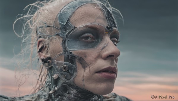 1girl,solo,looking at viewer,short hair,brown eyes,white hair,outdoors,sky,blurry,lips,scar,goggles,portrait,science fiction,realistic,nose,cyborg,1boy,closed mouth,male focus,cloud,black eyes,from side,blurry background,expressionless,close-up,veins,android,looking afar,dirty,damaged,cyberpunk,mechanical parts,cracked skin