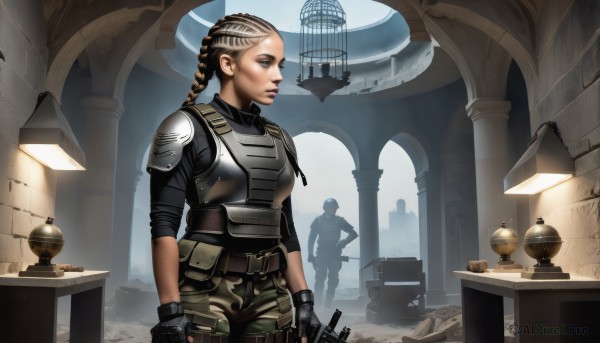 1girl,solo,long hair,blue eyes,blonde hair,brown hair,gloves,holding,weapon,braid,shorts,solo focus,belt,sword,indoors,fingerless gloves,holding weapon,armor,lips,gun,military,single braid,table,shoulder armor,science fiction,pouch,breastplate,realistic,nose,lamp,shoulder pads,cage,soldier,globe,1boy,uniform,military uniform,rifle,assault rifle,ruins