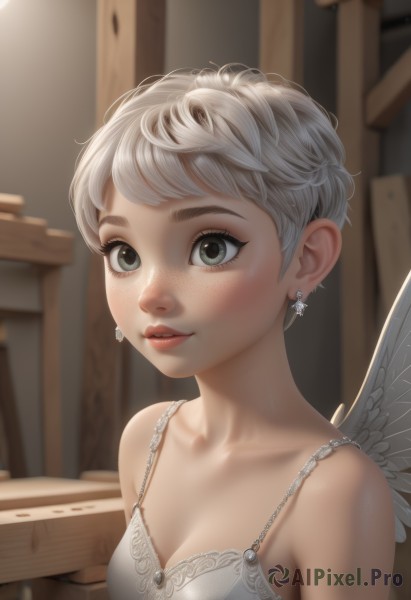 1girl,solo,breasts,looking at viewer,blush,smile,short hair,bangs,dress,cleavage,bare shoulders,jewelry,underwear,collarbone,upper body,white hair,earrings,small breasts,wings,artist name,indoors,blurry,lips,grey eyes,eyelashes,blurry background,feathered wings,freckles,angel wings,nose,white wings,angel,medium breasts,green eyes,grey hair,parted lips,bra,white bra,red lips,very short hair