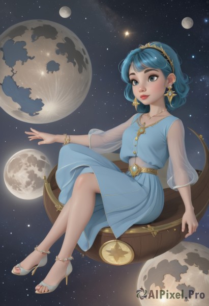 1girl,solo,breasts,smile,short hair,blue eyes,skirt,dress,jewelry,sitting,blue hair,full body,hairband,earrings,sky,belt,necklace,star (symbol),nail polish,high heels,bracelet,feet,lips,blue skirt,see-through,makeup,toes,blue dress,moon,sandals,blue shirt,lipstick,star (sky),pendant,starry sky,toenails,long skirt,anklet,toenail polish,space,star earrings,planet,earth (planet),artist name,watermark,white footwear,thick eyebrows,see-through sleeves