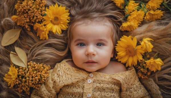 1girl,solo,long hair,looking at viewer,blue eyes,blonde hair,brown hair,upper body,flower,lying,parted lips,on back,lips,grey eyes,leaf,portrait,realistic,yellow flower,sunflower,bare shoulders,child