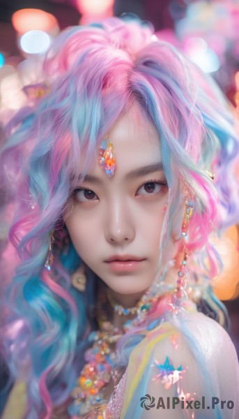 1girl,solo,long hair,looking at viewer,bangs,brown eyes,jewelry,closed mouth,blue hair,upper body,pink hair,multicolored hair,earrings,artist name,necklace,blurry,black eyes,two-tone hair,lips,eyelashes,makeup,depth of field,blurry background,watermark,wavy hair,gem,portrait,beads,realistic,nose,bokeh,flower,streaked hair,forehead jewel,head chain