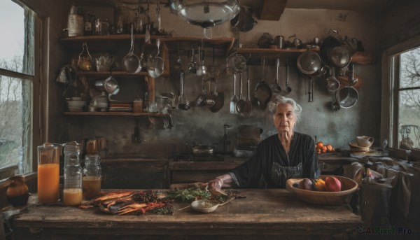 solo,looking at viewer,short hair,long sleeves,1boy,holding,sitting,closed mouth,white hair,grey hair,male focus,food,japanese clothes,day,indoors,kimono,tree,cup,window,fruit,facial hair,scar,table,bottle,knife,steam,scenery,beard,snow,plate,bowl,spoon,mustache,basket,old,old man,cooking,bare tree,ladle,kitchen,jar,vegetable,frying pan,stove,cutting board,jewelry,single hair bun,chopsticks,apple,bread,meat,orange (fruit),counter,old woman,kitchen knife,wrinkled skin