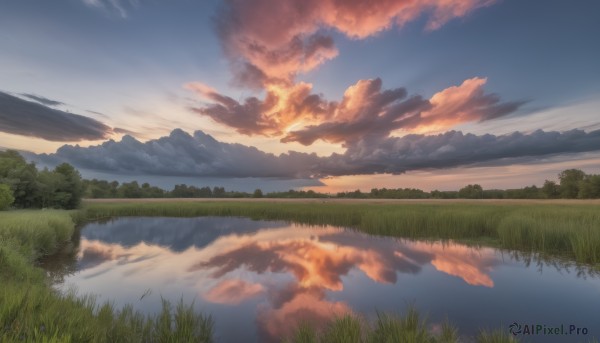 flower,outdoors,sky,day,cloud,water,tree,blue sky,no humans,cloudy sky,grass,nature,scenery,forest,reflection,sunset,mountain,river,evening,landscape,lake,gradient sky,reflective water,field