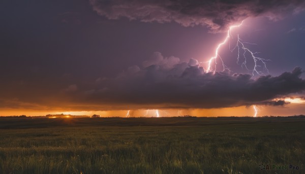 outdoors,sky,cloud,no humans,cloudy sky,grass,building,scenery,sunset,silhouette,electricity,field,lightning,landscape,hill,tree,nature,mountain,horizon