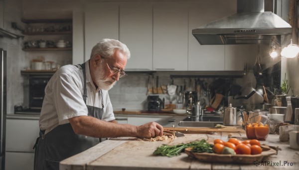 solo,short hair,shirt,1boy,holding,closed mouth,white shirt,white hair,short sleeves,grey hair,male focus,food,glasses,collared shirt,indoors,blurry,apron,fruit,facial hair,table,knife,beard,plate,realistic,basket,carrot,old,old man,cooking,kitchen,tomato,vegetable,arm hair,black apron,lettuce,cutting board,onion,pants,from side,cup,dress shirt,profile,looking down,bottle,holding food,plant,sleeves rolled up,black-framed eyewear,bowl,mustache,bread,counter,ceiling light,cucumber,eggplant,potato,wrinkled skin,radish