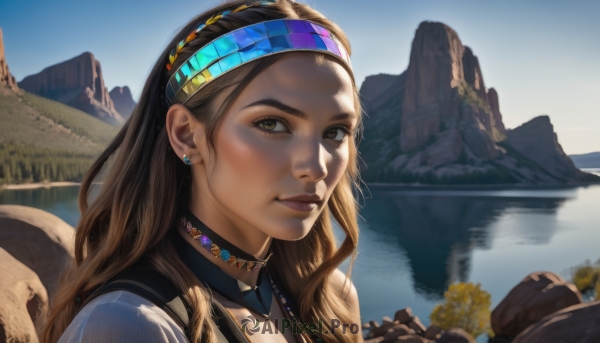 1girl,solo,long hair,looking at viewer,smile,brown hair,brown eyes,jewelry,closed mouth,upper body,hairband,earrings,outdoors,sky,choker,day,water,necklace,blue sky,lips,headband,portrait,reflection,rock,mountain,realistic,nose,river,lake,black hair,dark skin,dark-skinned female,tree,sunlight,thick eyebrows,scenery