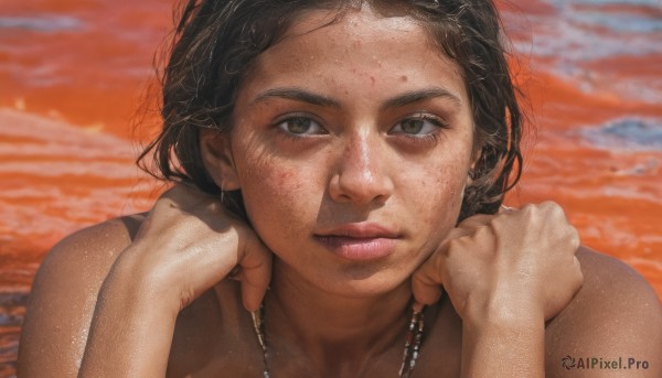 1girl,solo,long hair,looking at viewer,short hair,brown hair,black hair,brown eyes,jewelry,closed mouth,earrings,outdoors,dark skin,water,necklace,blurry,dark-skinned female,lips,hands up,blurry background,ocean,beach,portrait,close-up,freckles,sunset,realistic,nose,dirty,forehead