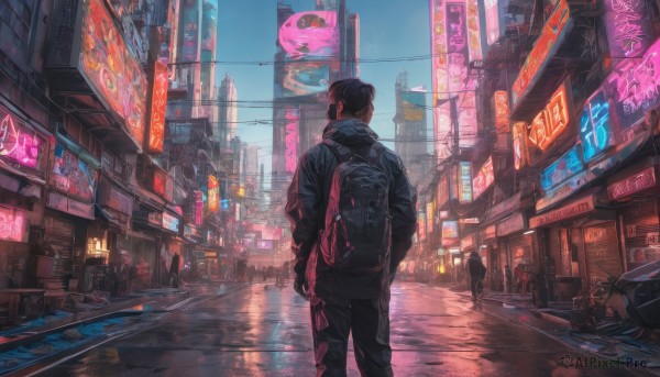 short hair, black hair, 1boy, jacket, male focus, outdoors, multiple boys, sky, solo focus, pants, bag, from behind, dutch angle, night, backpack, ground vehicle, building, scenery, motor vehicle, city, sign, hands in pockets, road, street, cyberpunk, neon lights, vanishing point