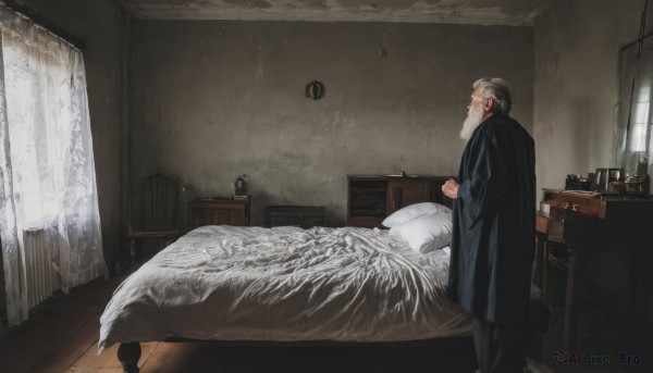 solo,short hair,black hair,long sleeves,1boy,standing,grey hair,male focus,day,indoors,pillow,window,bed,facial hair,on bed,table,sunlight,curtains,beard,robe,blanket,lamp,bedroom,old,old man,closed mouth,glasses,from side,coat,book,profile,chair,own hands together,scenery,desk,wooden floor,black robe,cabinet,wrinkled skin