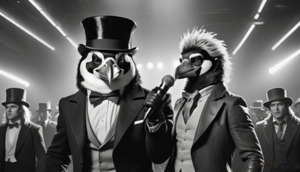 looking at viewer,shirt,gloves,long sleeves,hat,bow,holding,closed mouth,jacket,monochrome,upper body,greyscale,male focus,multiple boys,open clothes,necktie,collared shirt,indoors,bowtie,vest,open jacket,mask,facial hair,bird,animal,formal,suit,microphone,top hat,music,furry male,holding microphone,traditional bowtie,stage,tuxedo,beak,long hair,smile,standing,hand up,blurry,blurry background,sunglasses,6+boys,5boys,multiple others,penguin,crowd,stage lights