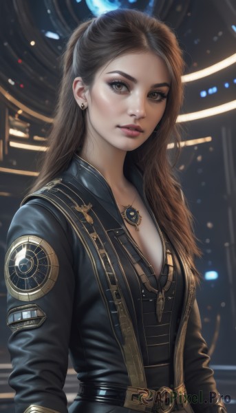 1girl,solo,long hair,breasts,looking at viewer,brown hair,cleavage,brown eyes,jewelry,medium breasts,upper body,earrings,parted lips,belt,necklace,lips,eyelashes,bodysuit,makeup,science fiction,realistic,nose,long sleeves,jacket,eyeshadow,emblem,stud earrings