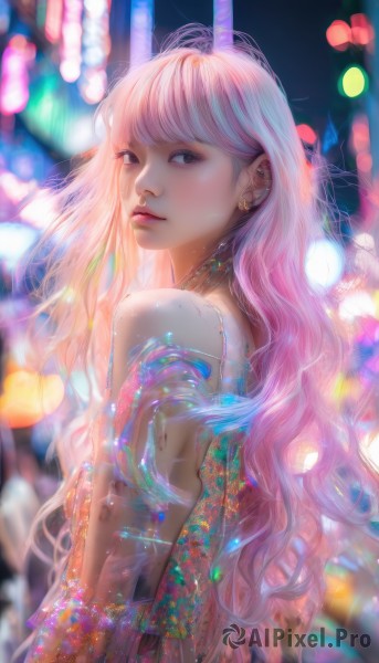 1girl,solo,long hair,looking at viewer,bangs,bare shoulders,brown eyes,jewelry,upper body,pink hair,earrings,parted lips,looking back,blurry,lips,see-through,depth of field,blurry background,wavy hair,piercing,realistic,closed mouth,nude,multicolored hair,artist name,blunt bangs,necklace,from side,looking to the side,gradient hair,makeup,watermark,ear piercing,nose,bokeh,colorful,cyberpunk,neon lights