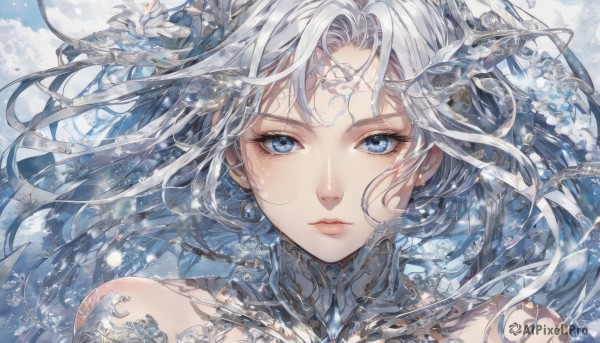 1girl,solo,long hair,looking at viewer,blue eyes,bare shoulders,jewelry,closed mouth,white hair,grey hair,earrings,cloud,water,lips,eyelashes,floating hair,portrait,close-up,bangs,hair ornament,flower,facial mark,expressionless,wind,scales,straight-on