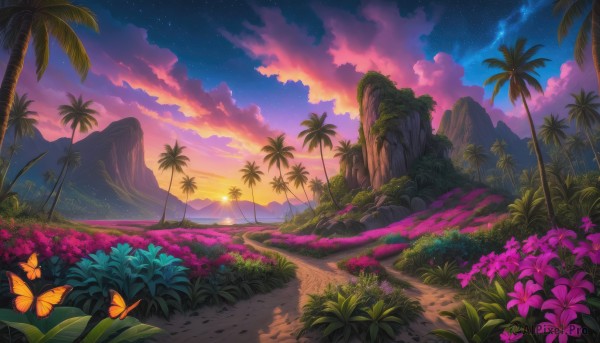 The majestic beauty of a butterfly set within a dynamic sunset outdoors