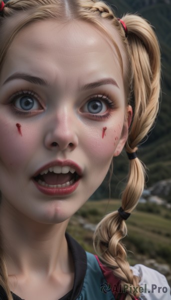 1girl,solo,long hair,looking at viewer,open mouth,blue eyes,blonde hair,twintails,braid,teeth,blurry,lips,blood,makeup,blurry background,piercing,portrait,forehead,blood on face,realistic,hair tie,red lips,horror (theme),shirt,twin braids,eyelashes,close-up,nose,dirty