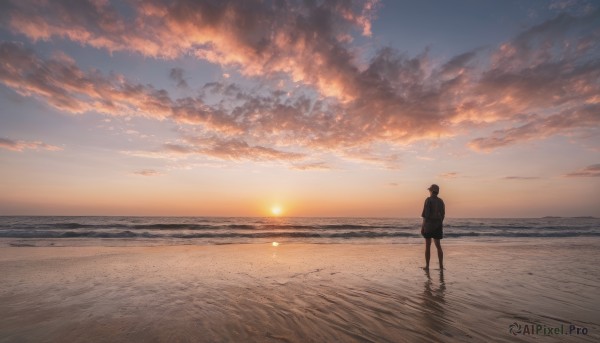 1girl, solo, short hair, standing, outdoors, sky, cloud, water, from behind, dutch angle, ocean, beach, cloudy sky, scenery, sunset, sun, horizon