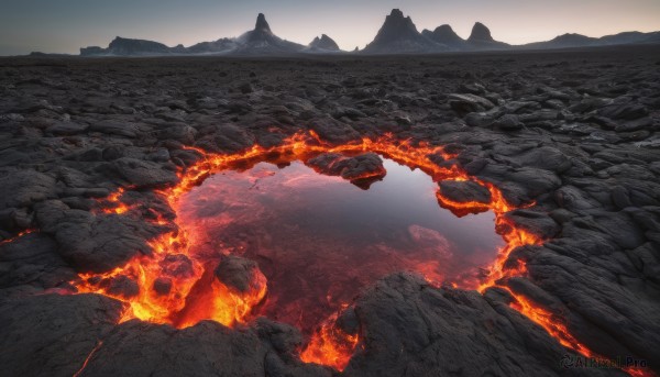 outdoors, sky, no humans, fire, scenery, skull, rock, mountain, landscape, molten rock