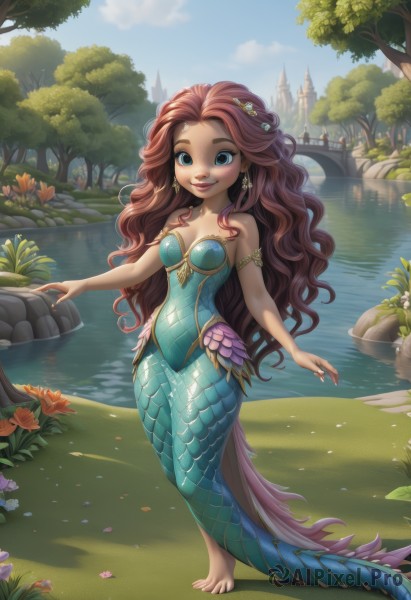 1girl,solo,long hair,breasts,looking at viewer,smile,blue eyes,brown hair,hair ornament,cleavage,bare shoulders,jewelry,medium breasts,standing,tail,full body,flower,red hair,earrings,small breasts,outdoors,parted lips,sky,barefoot,teeth,day,artist name,cloud,signature,water,tree,blue sky,lips,fingernails,petals,strapless,watermark,wavy hair,grass,monster girl,building,nature,armlet,long fingernails,rock,scales,mermaid,river,castle,lake,pond,very long hair,closed mouth,collarbone,hair flower,dark skin,nail polish,dark-skinned female,eyelashes,plant,child,red nails,freckles,walking,curly hair,fantasy,bridge,lily pad