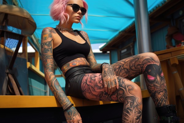 1girl,solo,breasts,short hair,jewelry,medium breasts,sitting,pink hair,small breasts,boots,outdoors,shorts,day,midriff,necklace,nail polish,black footwear,blurry,bracelet,lips,crop top,short shorts,tattoo,makeup,black shorts,sunglasses,ring,tank top,lipstick,nose,arm tattoo,shoulder tattoo,leg tattoo,pink eyes,piercing,cigarette,sports bra,smoking,facial tattoo,full-body tattoo,aviator sunglasses