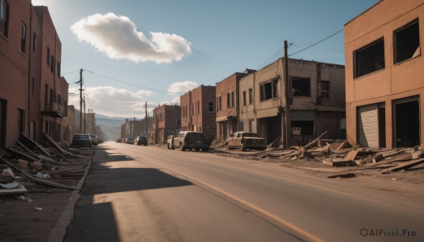 outdoors,sky,day,cloud,blue sky,no humans,window,cloudy sky,ground vehicle,building,scenery,motor vehicle,city,car,road,house,power lines,street,utility pole,truck,shadow