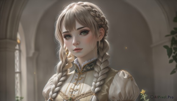 1girl,solo,long hair,looking at viewer,bangs,blonde hair,dress,jewelry,closed mouth,green eyes,upper body,braid,flower,earrings,puffy sleeves,artist name,indoors,blurry,twin braids,lips,eyelashes,depth of field,blurry background,plant,portrait,nose,crown braid,pillar,blush,shirt,white shirt,vest,makeup,sunlight,gem,hair over shoulder,light particles,light rays,pink lips,yellow flower,red lips,church,arch,column