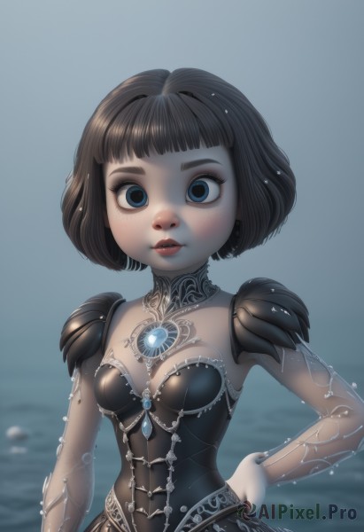 1girl,solo,breasts,looking at viewer,short hair,bangs,blue eyes,brown hair,black hair,dress,cleavage,jewelry,upper body,small breasts,parted lips,artist name,blunt bangs,water,armor,blurry,black dress,lips,see-through,hand on hip,makeup,blurry background,bob cut,lipstick,shoulder armor,gem,pauldrons,wide-eyed,red lips,mascara,eyelashes,lace,freckles