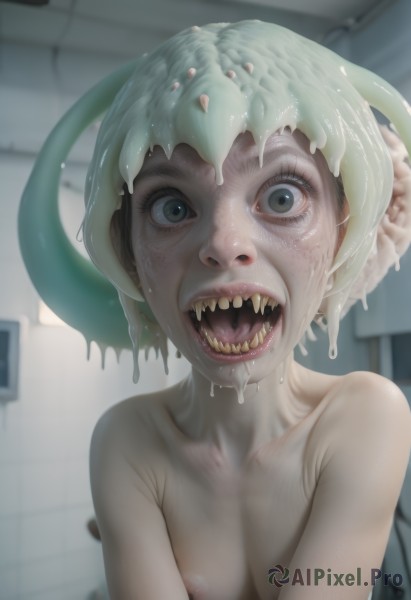 1girl,solo,breasts,looking at viewer,short hair,open mouth,nipples,green eyes,collarbone,upper body,nude,small breasts,teeth,tongue,indoors,blurry,lips,grey eyes,completely nude,saliva,blurry background,fangs,sharp teeth,monster girl,tentacles,monster,wide-eyed,realistic,tiles,slime (substance),horror (theme),uvula,green hair,artist name,eyelashes,colored skin