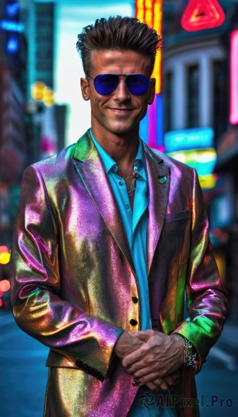 solo,looking at viewer,smile,short hair,shirt,black hair,long sleeves,1boy,jewelry,closed mouth,standing,jacket,male focus,cowboy shot,outdoors,collared shirt,pants,dark skin,necklace,blurry,bracelet,buttons,blurry background,formal,sunglasses,dark-skinned male,own hands together,suit,blue shirt,watch,city,realistic,wristwatch,very dark skin,dress shirt,night,facial hair,leather,leather jacket