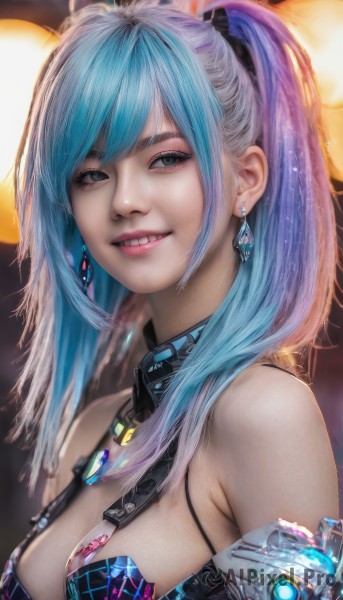 1girl,solo,long hair,breasts,looking at viewer,smile,bangs,cleavage,bare shoulders,twintails,jewelry,medium breasts,blue hair,upper body,ponytail,multicolored hair,earrings,parted lips,teeth,grin,blurry,black eyes,two-tone hair,lips,grey eyes,eyelashes,makeup,blurry background,realistic,nose,blue eyes,necklace,bra,gem,science fiction,android