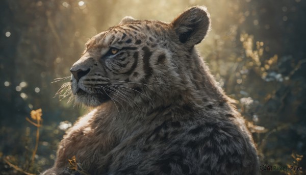 solo, closed mouth, yellow eyes, signature, blurry, no humans, depth of field, blurry background, animal, realistic, animal focus, whiskers, tiger, year of the tiger