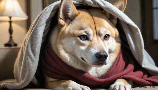 HQ,solo,looking at viewer,brown eyes,indoors,scarf,blurry,black eyes,no humans,window,depth of field,blurry background,animal,dog,red scarf,realistic,blanket,lamp,under covers,animal focus,shiba inu,closed mouth,bed sheet