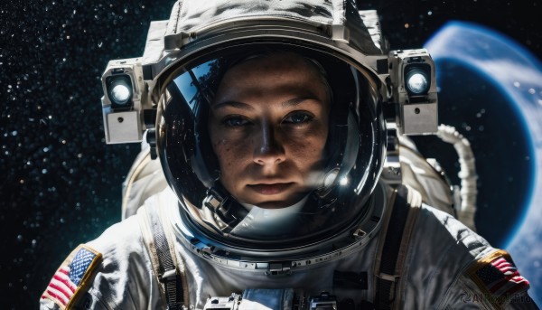 1girl,solo,looking at viewer,blue eyes,brown hair,1boy,closed mouth,upper body,male focus,helmet,portrait,star (sky),freckles,reflection,science fiction,realistic,space,planet,earth (planet),american flag,spacesuit,united states,astronaut,black hair,star (symbol),blurry,lips,moon,dirty,flag print,japanese flag,space helmet,american flag print