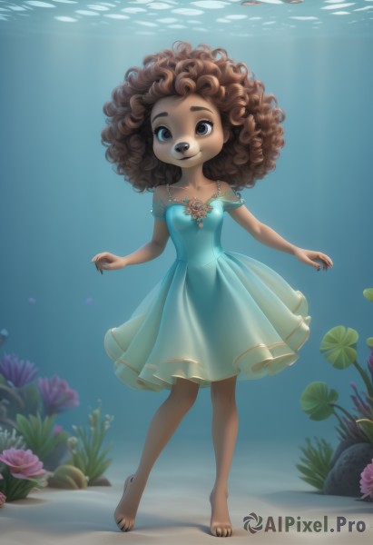 1girl,solo,long hair,breasts,smile,blue eyes,brown hair,dress,brown eyes,standing,collarbone,full body,flower,small breasts,barefoot,dark skin,dark-skinned female,see-through,blue dress,sunlight,monster girl,child,toenails,curly hair,underwater,furry female,shell,swimming,seashell,turtle,seaweed,animal ears,bare shoulders,jewelry,water,necklace,ocean,watermark,furry,fish,animal nose,aqua dress