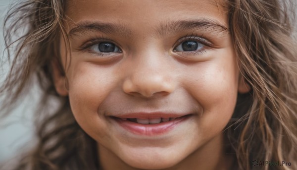 1girl,solo,long hair,looking at viewer,smile,open mouth,blue eyes,brown hair,teeth,blurry,black eyes,lips,grey eyes,portrait,close-up,realistic,nose,parted lips,grin,eyelashes,freckles