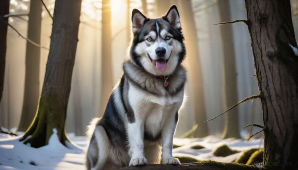 HQ,solo,looking at viewer,open mouth,blue eyes,outdoors,day,tongue,tongue out,blurry,collar,tree,no humans,animal,fangs,nature,snow,forest,dog,realistic,animal focus,winter,bare tree,signature,saliva,blurry background,wolf