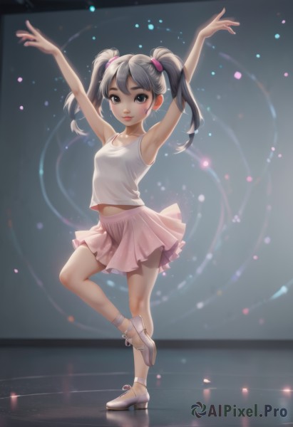 1girl,solo,long hair,breasts,looking at viewer,smile,skirt,shirt,black hair,navel,twintails,jewelry,standing,collarbone,full body,white shirt,grey hair,earrings,small breasts,socks,midriff,armpits,black eyes,arms up,grey eyes,facial mark,leg up,standing on one leg,tank top,aged down,child,pink skirt,female child,dancing,ballerina,ballet slippers,ballet,tutu,pleated skirt,miniskirt,lips,watermark,white footwear,outstretched arms