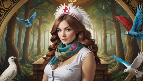 1girl,solo,long hair,breasts,looking at viewer,smile,large breasts,brown hair,hat,cleavage,brown eyes,medium breasts,upper body,sleeveless,scarf,tree,lips,bird,wavy hair,feathers,nature,forest,realistic,nurse cap,nurse,outdoors,parted bangs,cross